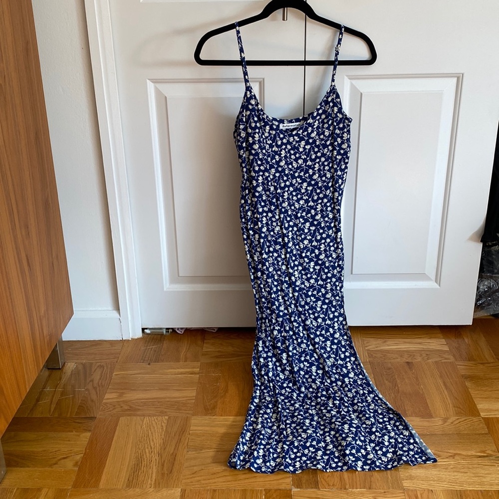 Reformation midi dress with slit, blue with white flowers. Size 4